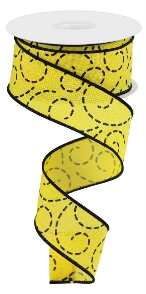 Wired Ribbon * Dashed Swirls * Yellow and Black * 1.5" x 10 Yards * RGC127429  * Canvas