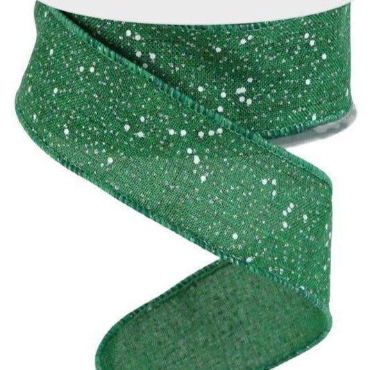 Wired Ribbon * Multi Snow Glitter * Emerald Green and White Canvas * 1.5" x 10 Yards * RGC129106