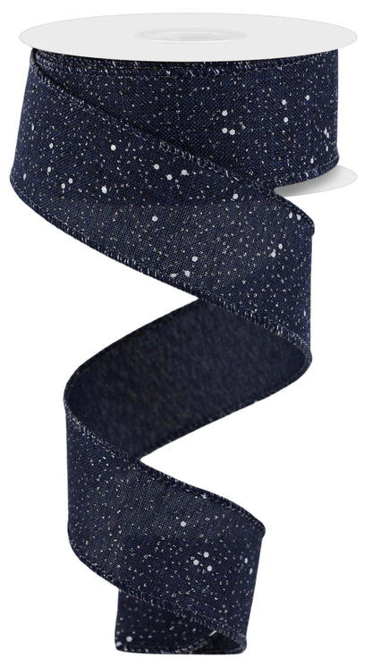 Wired Ribbon * Multi Snow Glitter * Navy and White Canvas * 1.5" x 10 Yards * RGC129119