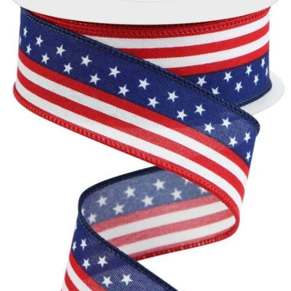Wired Ribbon * Stars and Stripes * White, Royal Blue and Red Canvas * 1.5" x 10 Yards * RGC13047J