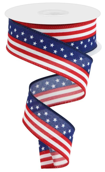 Wired Ribbon * Stars and Stripes * White, Royal Blue and Red Canvas * 1.5" x 10 Yards * RGC13047J