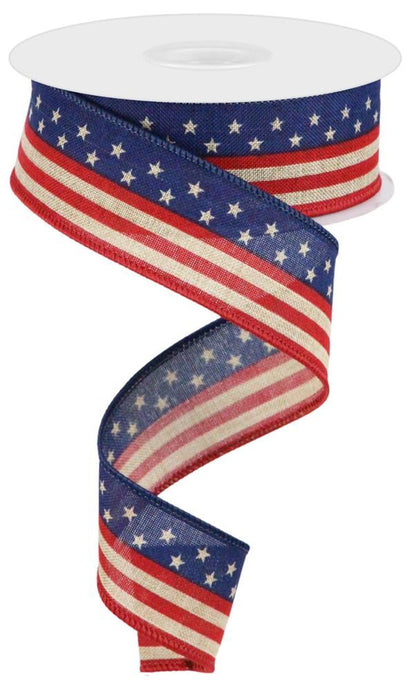 Wired Ribbon * Stars and Stripes * Lt Beige, Royal Blue and Red Canvas * 1.5" x 10 Yards * RGC1304R2