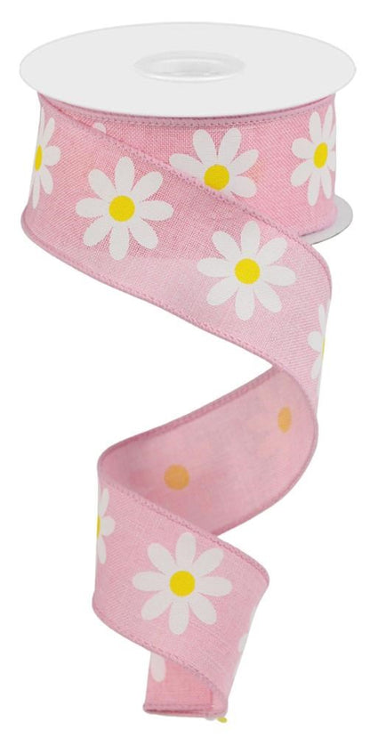 Wired Ribbon * Daisy * Soft Pink, White Yellow Canvas * 1.5" x 10 Yards * RGC130815