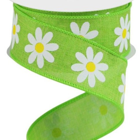 Wired Ribbon * Daisy * Lime Green, White Yellow Canvas * 1.5" x 10 Yards * RGC130833