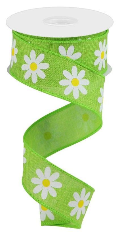 Wired Ribbon * Daisy * Lime Green, White Yellow Canvas * 1.5" x 10 Yards * RGC130833