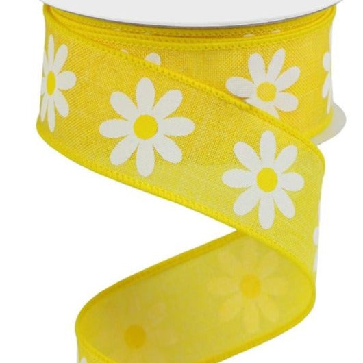 Wired Ribbon * Daisy * Sun Yellow, White Yellow Canvas * 1.5" x 10 Yards * RGC13088N