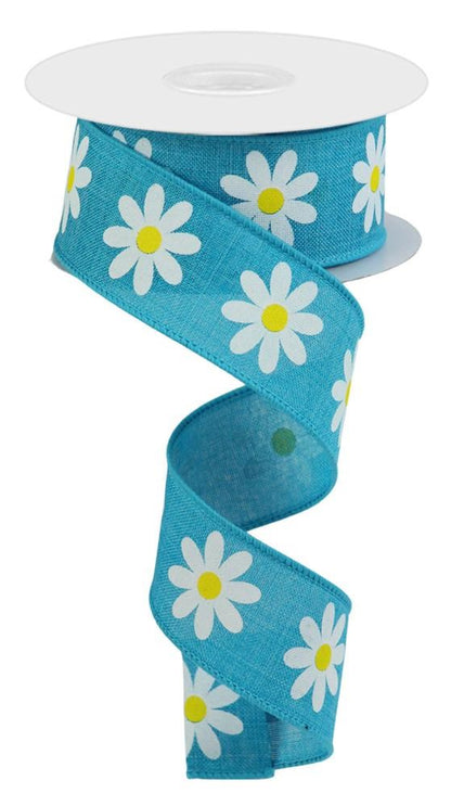 Wired Ribbon * Daisy * Turquoise, White Yellow Canvas * 1.5" x 10 Yards * RGC1308A2