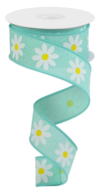 Wired Ribbon * Daisy * Mint, White Yellow Canvas * 1.5" x 10 Yards * RGC1308AN