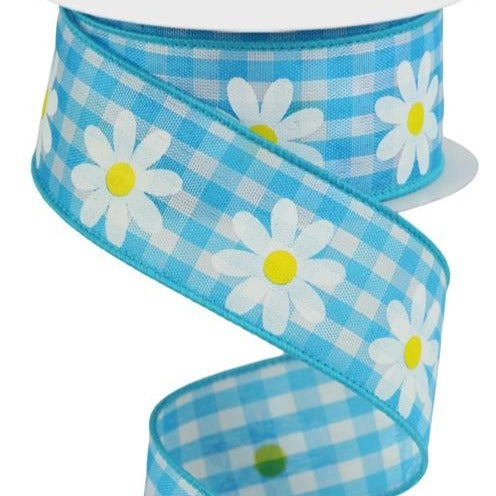 Wired Ribbon * Daisy On Gingham * Light Blue, White and Yellow Woven Canvas * 1.5" x 10 Yards * RGC1310DC