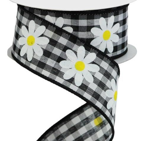 Wired Ribbon * Daisy On Gingham * White, Yellow and Black Woven Canvas * 1.5" x 10 Yards * RGC1310X6