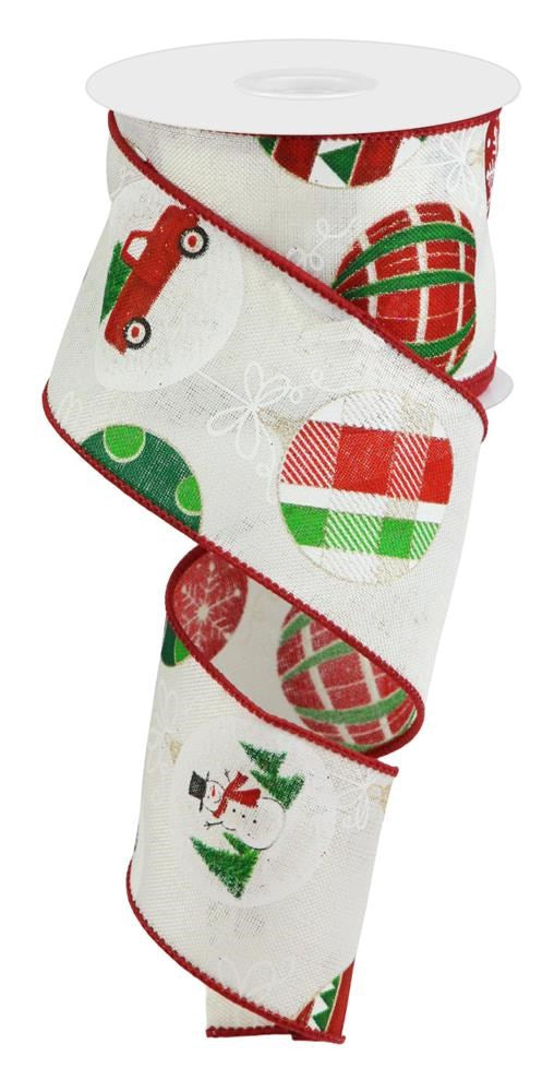 Wired Ribbon * Hanging Ornaments * Ivory, Red, Green Black and White Canvas * 2.5" x 10 Yards * RGC134130