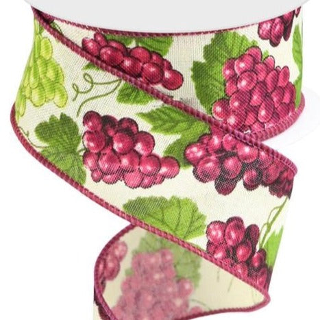 Wired Ribbon * Grapes * 1.5' x 10 Yards *  Cream, Purple, Burgundy and Green Canvas * RGC134538