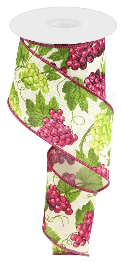 Wired Ribbon * Grapes * Cream, Purple, Burgundy and Green Canvas * 2.5" x 10 Yards * RGC134638