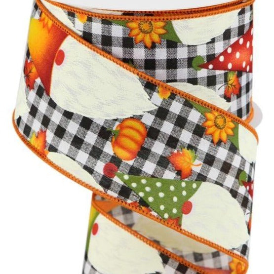 Wired Ribbon * Gnome Check and Pumpkins * White, Burgundy, Orange and Yellow Canvas * 2.5" x 10 Yards * RGC134927