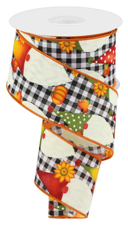 Wired Ribbon * Gnome Check and Pumpkins * White, Burgundy, Orange and Yellow Canvas * 2.5" x 10 Yards * RGC134927