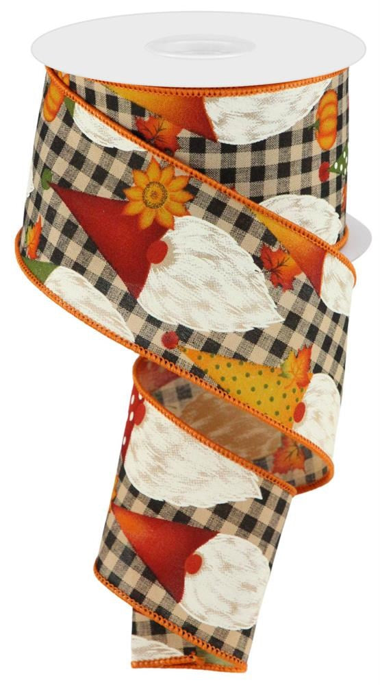 Wired Ribbon * Gnome Check and Pumpkins * Tan, Burgundy, Orange and Yellow Canvas * 2.5" x 10 Yards * RGC1349F2