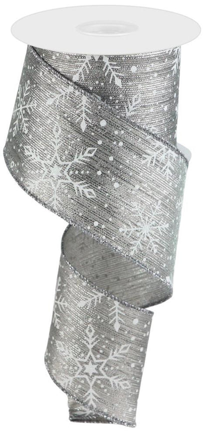 Wired Ribbon * Snowflakes and Snow on Metallic  * Pewter, White, Silver  * 2.5" x 10 Yards  Canvas * RGC1367H9