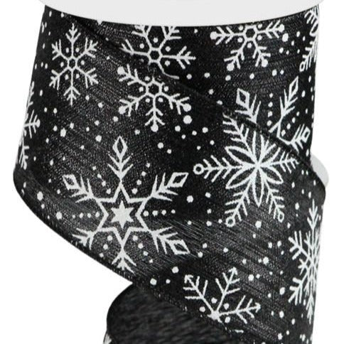 Wired Ribbon * Snowflakes and Snow on Metallic  * Black, White, Silver  * 2.5" x 10 Yards  Canvas * RGC137002