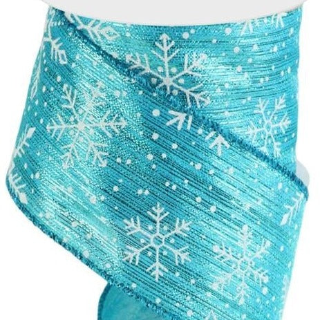 Snow Like Ribbon Wired Ribbon * Snowflakes and Snow on Metallic * Turquoise, White, Sil ...