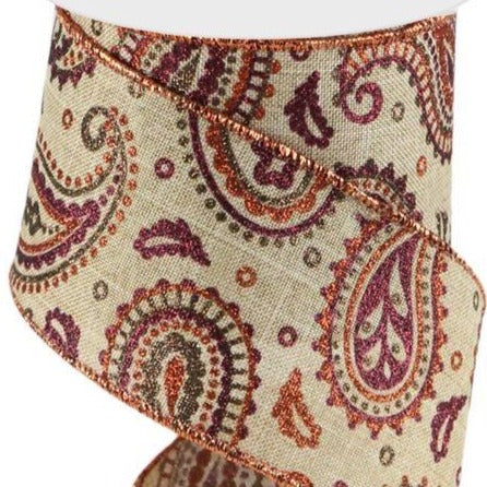 Wired Ribbon * Glitter Paisley * Lt. Beige, Brown, Copper & Burgundy * 2.5" x 10 Yards Canvas * RGC1376X9