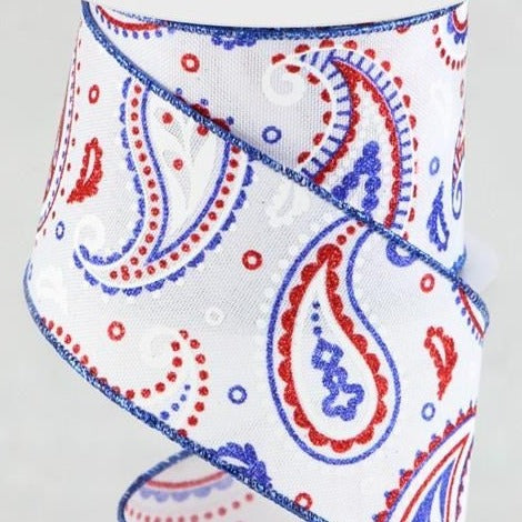 Wired Ribbon * Patriotic Paisley * Red, White and Royal Blue * 2.5" x 10 Yards Canvas * RGA138227