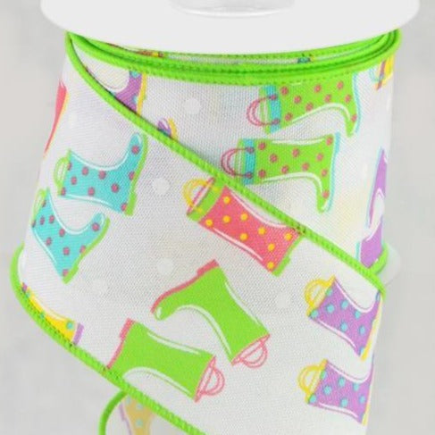 Wired Ribbon * Rain Boots * White, Pink, Teal, Yellow, Lavender and Green Canvas * 2.5" x 10 Yards * RGC143427