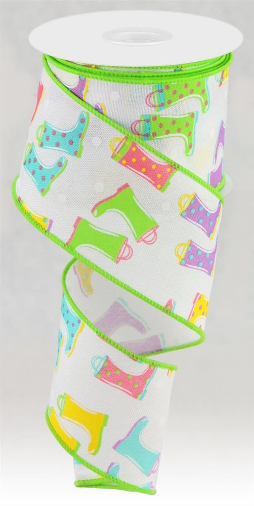 Wired Ribbon * Rain Boots * White, Pink, Teal, Yellow, Lavender and Green Canvas * 2.5" x 10 Yards * RGC143427