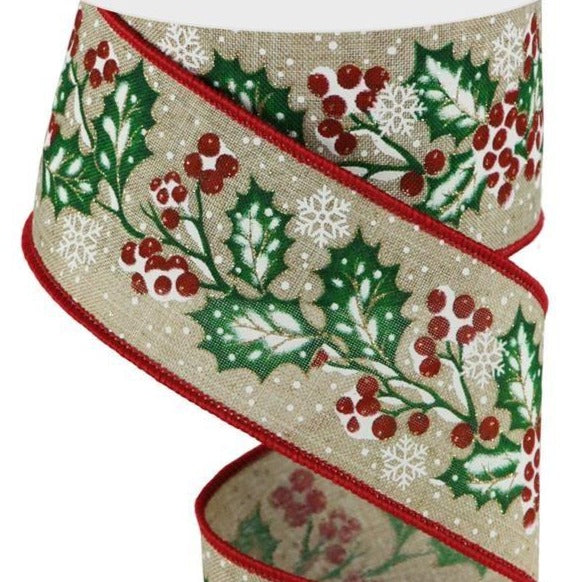 Wired Ribbon * Holly Berry  In Snow* Buff, White, Green, Red and Gold Glitter Canvas * 2.5" x 10 Yards * RGC146472