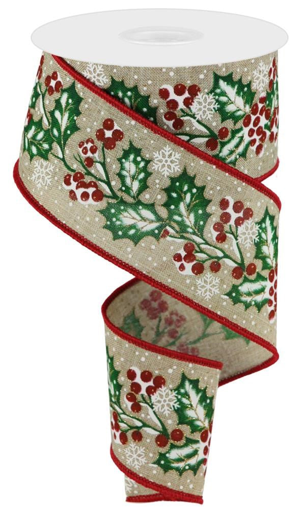 Wired Ribbon * Holly Berry  In Snow* Buff, White, Green, Red and Gold Glitter Canvas * 2.5" x 10 Yards * RGC146472