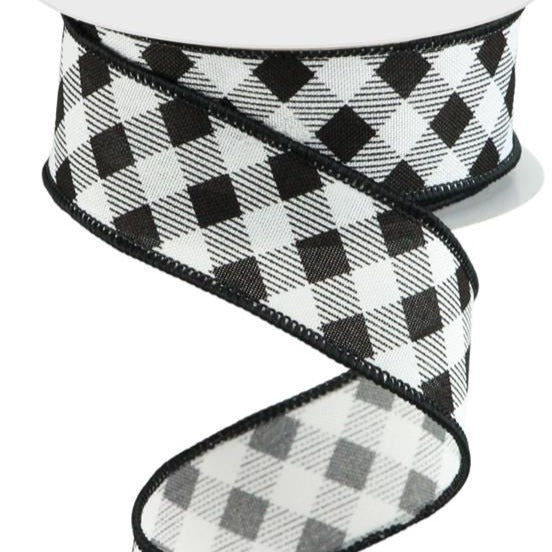 Wired Ribbon * Diagonal Check * Black and White * 1.5" x 10 Yards Canvas * RGC151727