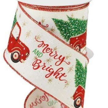 Holiday Wired Ribbon * Glitter Merry and Bright * Red Truck with Trees * Ivory, Red, Green, Black and Gold Glitter Canvas * 2.5" x 10 Yards * RGC152630