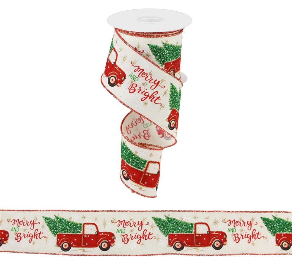 Holiday Wired Ribbon * Glitter Merry and Bright * Red Truck with Trees * Ivory, Red, Green, Black and Gold Glitter Canvas * 2.5" x 10 Yards * RGC152630