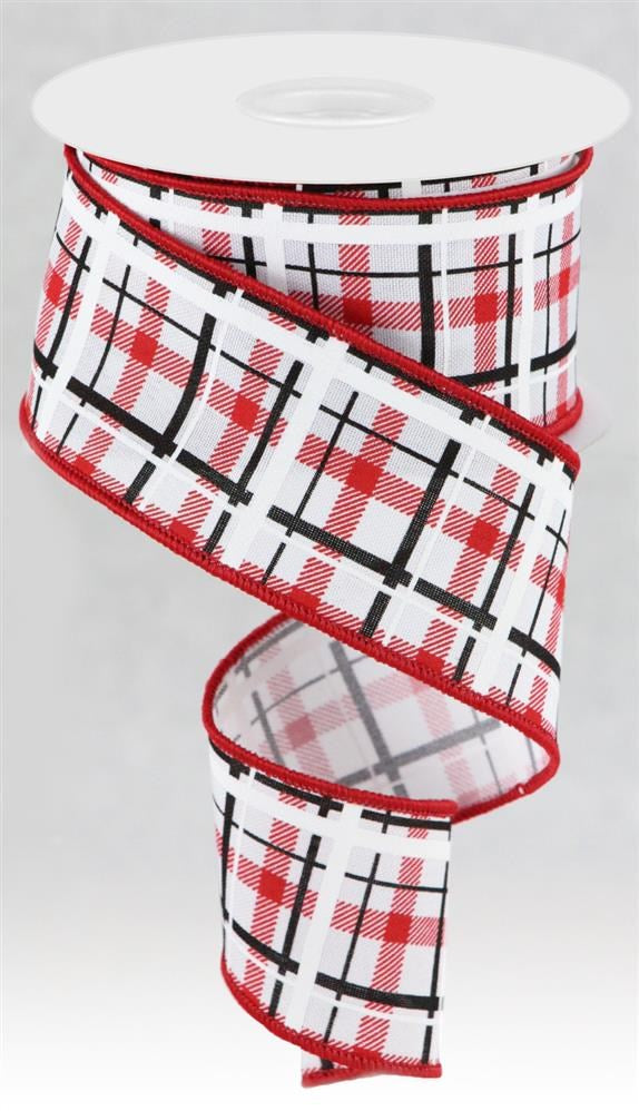 Wired Ribbon * Printed Plaid * White, Red and Black * 2.5" x 10 Yards  Canvas * RGC153527