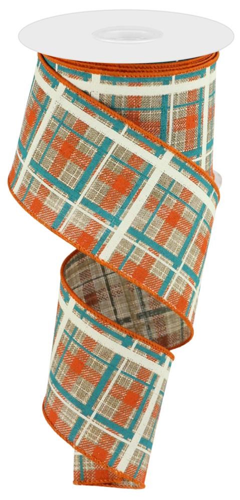 Wired Ribbon * Printed Plaid/Check Canvas * Beige, Dk. Orange, Turquoise and Natural  * 2.5" x 10 Yards * RGC154401