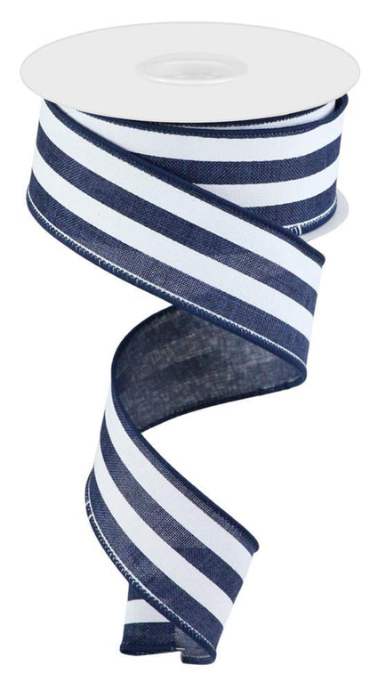 Wired Ribbon * Vertical Stripe * Navy and White Canvas * 1.5" x 10 Yards * RGC156219