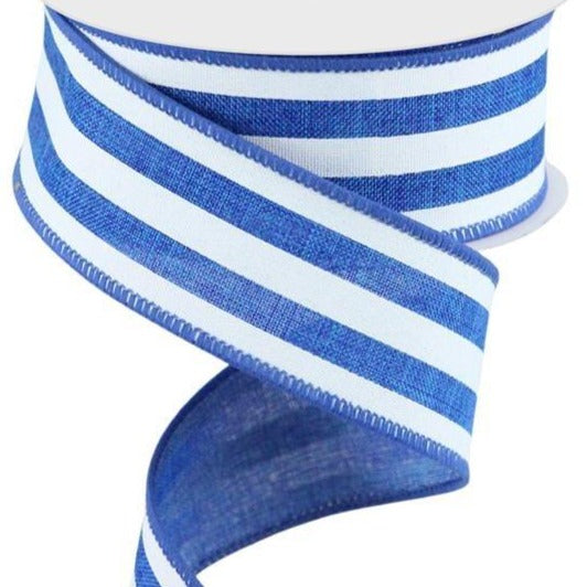 Wired Ribbon * Vertical Stripe * Royal Blue and White Canvas * 1.5" x 10 Yards * RGC156225