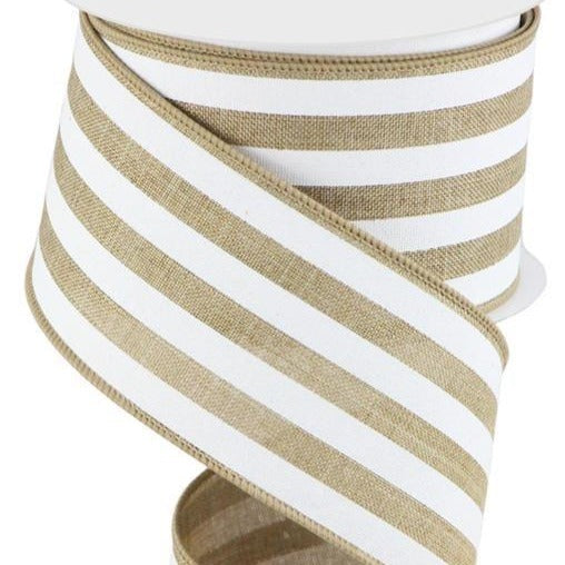 Wired Ribbon * Vertical Stripe * Lt. Beige and White Canvas * 2.5" x 10 Yards * RGC156301