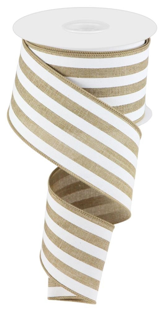 Wired Ribbon * Vertical Stripe * Lt. Beige and White Canvas * 2.5" x 10 Yards * RGC156301