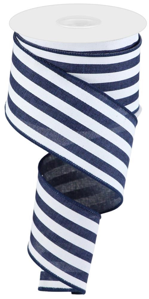 Wired Ribbon * Vertical Stripe * Navy and White Canvas * 2.5" x 10 Yards * RGC156319