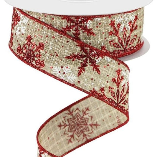 Wired Ribbon * Multi Snowflakes * Beige, White, Red and Burgundy * 1.5" x 10 Yards Canvas * RGC158101