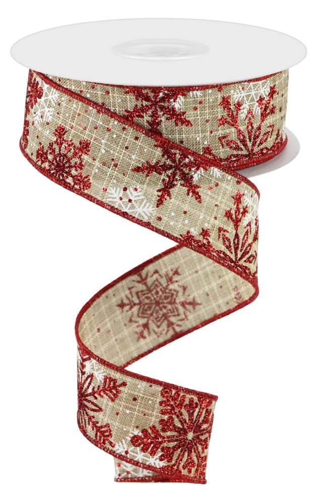 Wired Ribbon * Multi Snowflakes * Beige, White, Red and Burgundy * 1.5" x 10 Yards Canvas * RGC158101