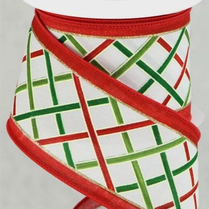 Wired Ribbon * Vertical Line Criss Cross * White, Red, Green and Gold Canvas * 2.5" x 10 Yards * RGC159027