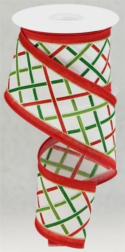 Wired Ribbon * Vertical Line Criss Cross * White, Red, Green and Gold Canvas * 2.5" x 10 Yards * RGC159027