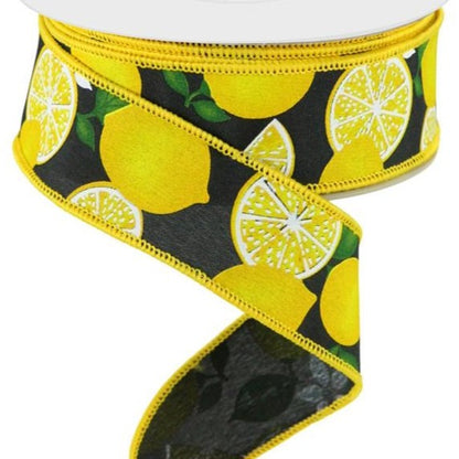 Wired Ribbon * Lemon and Slices with Leaves and Flowers * White, Yellow, Green and Black PG Canvas * 1.5" x 10 Yards * RGC165802
