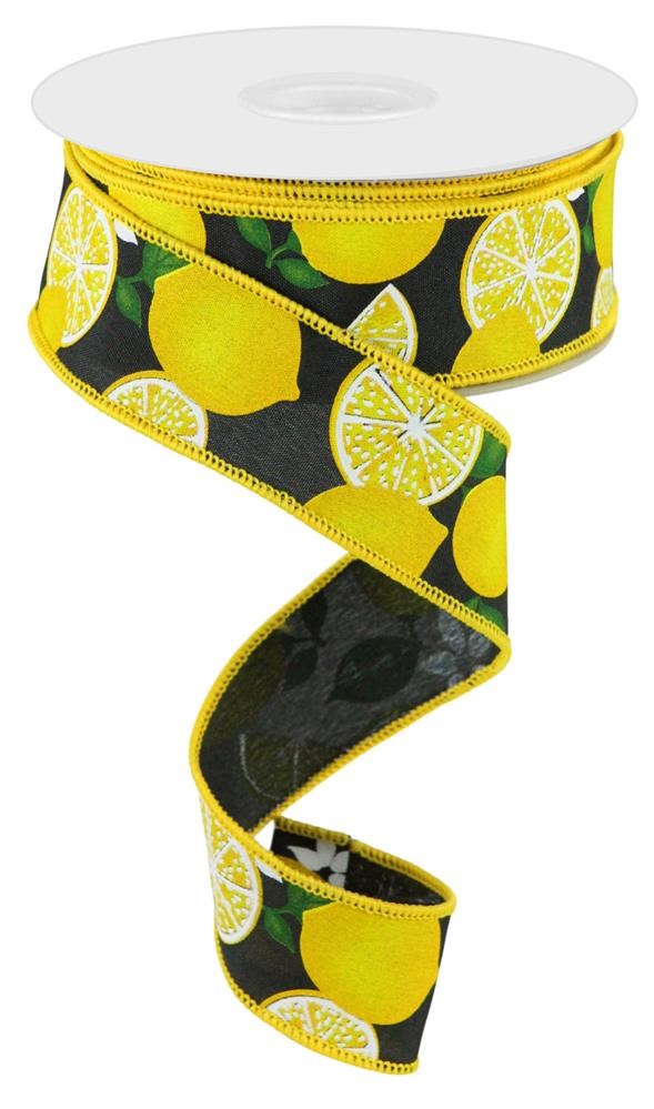 Wired Ribbon * Lemon and Slices with Leaves and Flowers * White, Yellow, Green and Black PG Canvas * 1.5" x 10 Yards * RGC165802