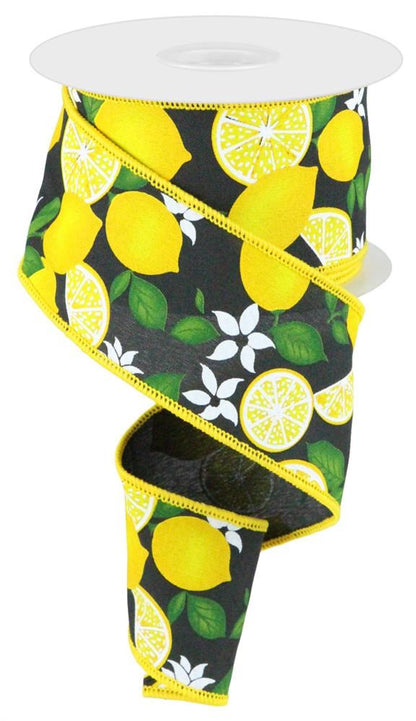 Wired Ribbon * Lemons/Slices With Flowers and Leaves * Black, White, Green and Yellow PG Canvas * 2.5" x 10 Yards * RGC165902