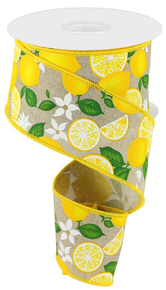Wired Ribbon * Lemon with Leaves and Flowers * Natural, Yellow, Green and White Canvas * 2.5" x 10 Yards * RGC166118