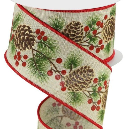 Wired Ribbon * Pinecones andd Berries * Lt. Natural, Green, Red, Brown and Gold Glitter Canvas * 2.5" x 10 Yards * RGA1067218
