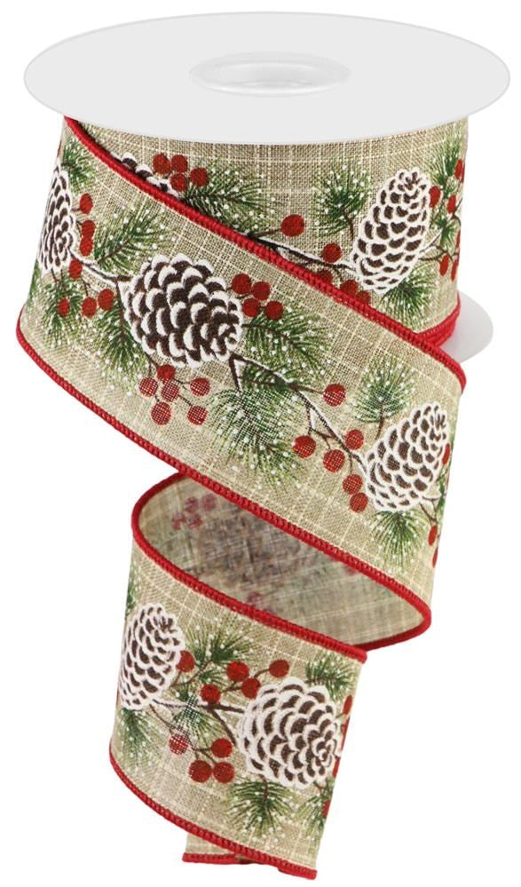 Wired Ribbon * Pinecone, Berries on Check * Beige, Green, Red and Brown Canvas * 2.5" x 10 Yards * RGC167501