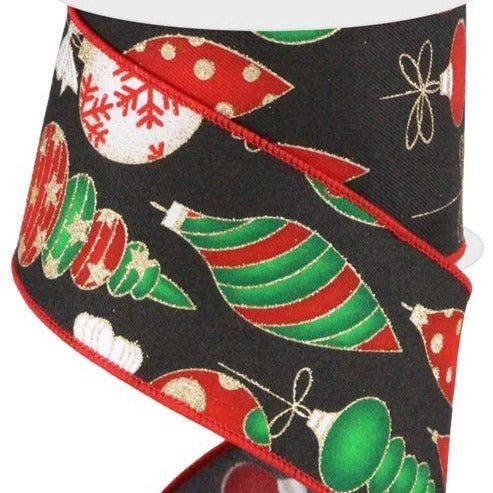 Wired Ribbon *  Glitter Hanging Christmas Ornaments * Black, Red, Green, Gold and White Canvas * 2.5" x 10 Yards * RGC168802